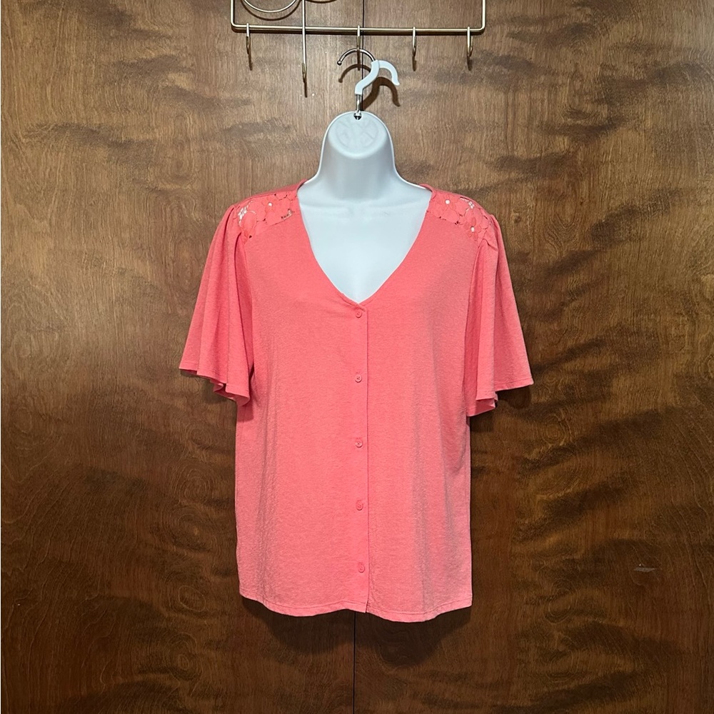Loft Outlet Short Sleeve Button Down Blouse Womens M Coral Pink Lace Top NWT